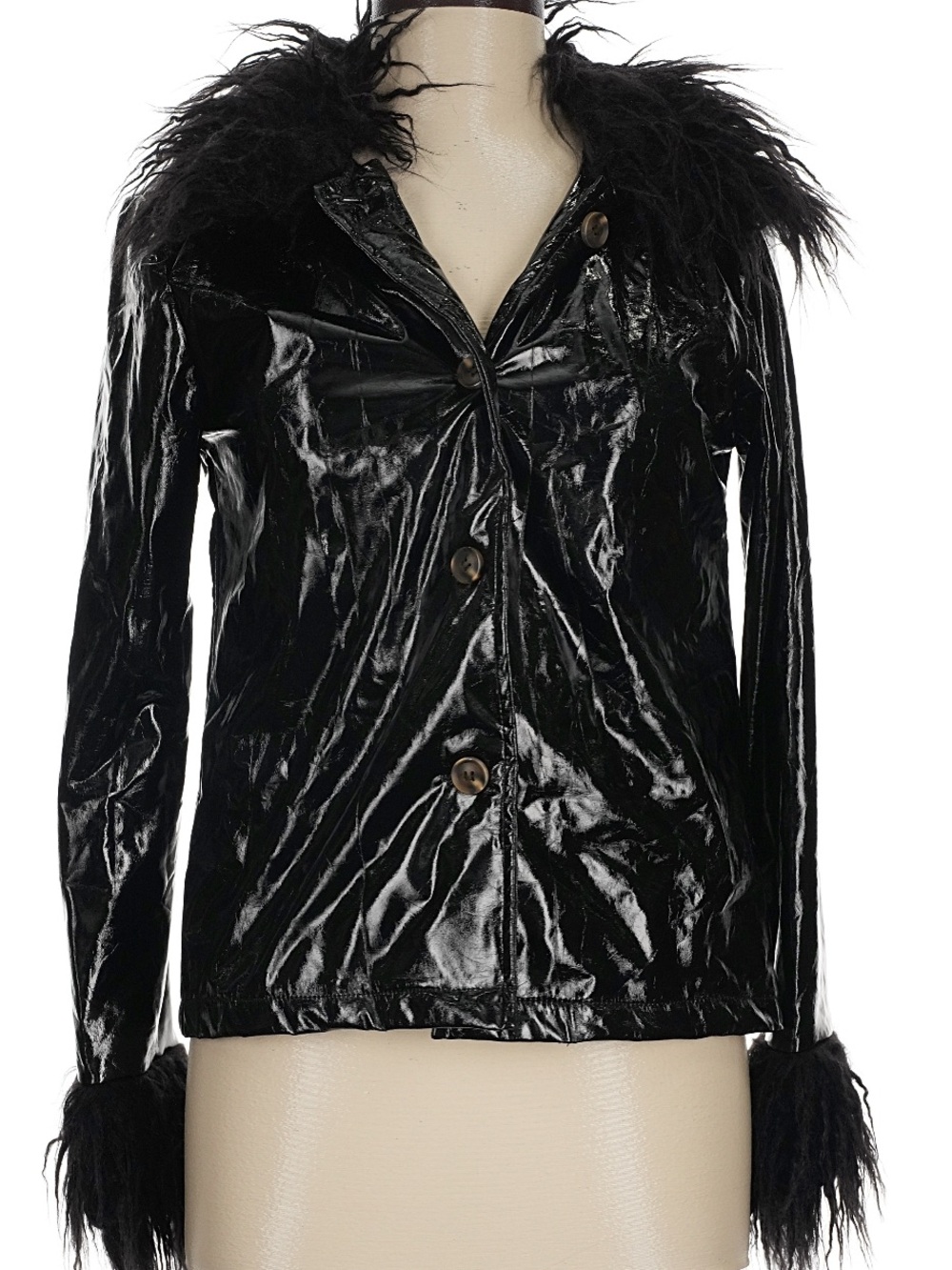 Shiny Black Faux Patent Jacket with Feather Trim